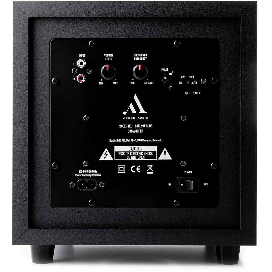 Black Argon Audio Malmö Sub 6 subwoofer with sleek design and control panel, showcasing its compact size and modern appearance.