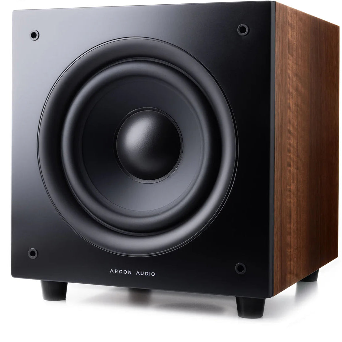 Argon Audio Malmö Sub 6 subwoofer with sleek black design, showcasing its front grille and control panel for deep bass sound.