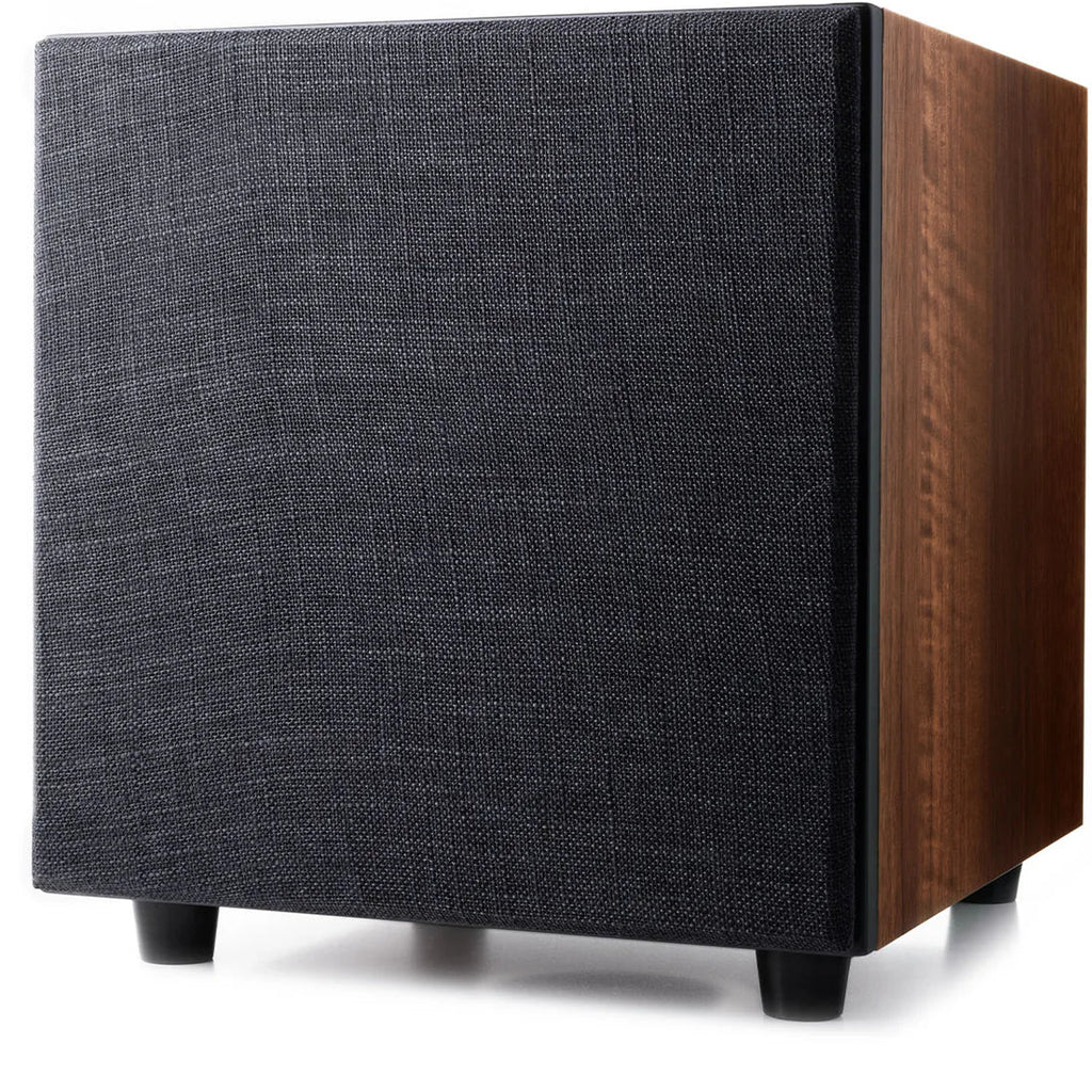 Argon Audio Malmö Sub 6 subwoofer with sleek black finish and front-firing speaker cone, designed for deep bass in home audio systems.