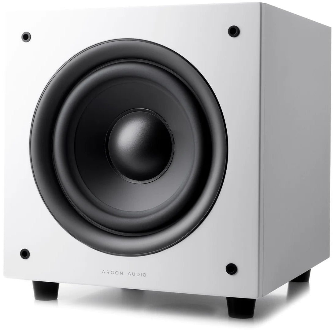 Argon Audio Malmö Sub 6 subwoofer with black finish, showcasing its sleek design and front-facing speaker cone.