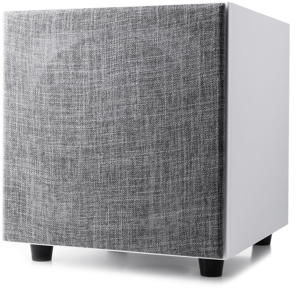 Argon Audio Malmö Sub 6 subwoofer with sleek black finish, featuring a large circular speaker and control panel on the side.