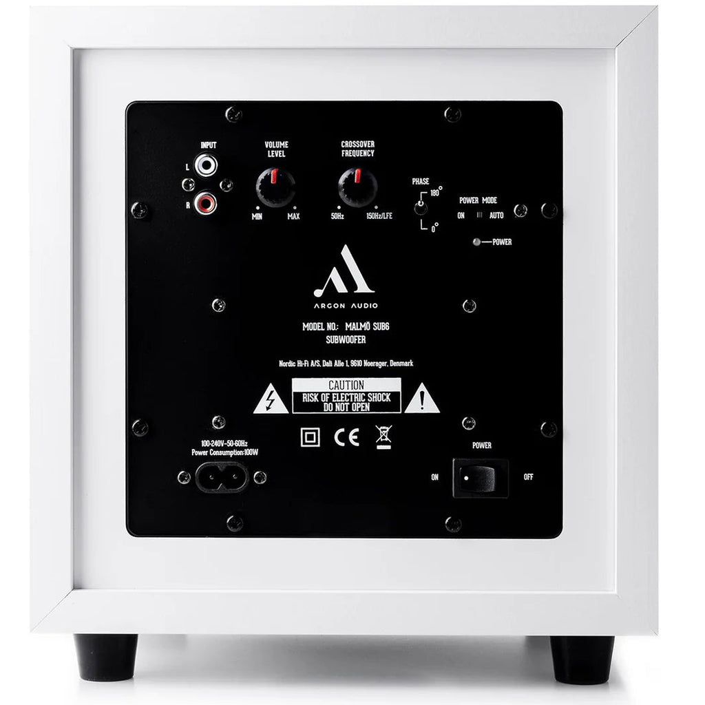 Argon Audio Malmö Sub 6 subwoofer with white finish, featuring a sleek design and front-facing speaker grille.