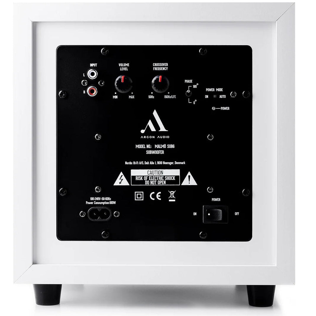 Argon Audio Malmö Sub 6 subwoofer with white finish, featuring a sleek design and front-facing speaker grille.