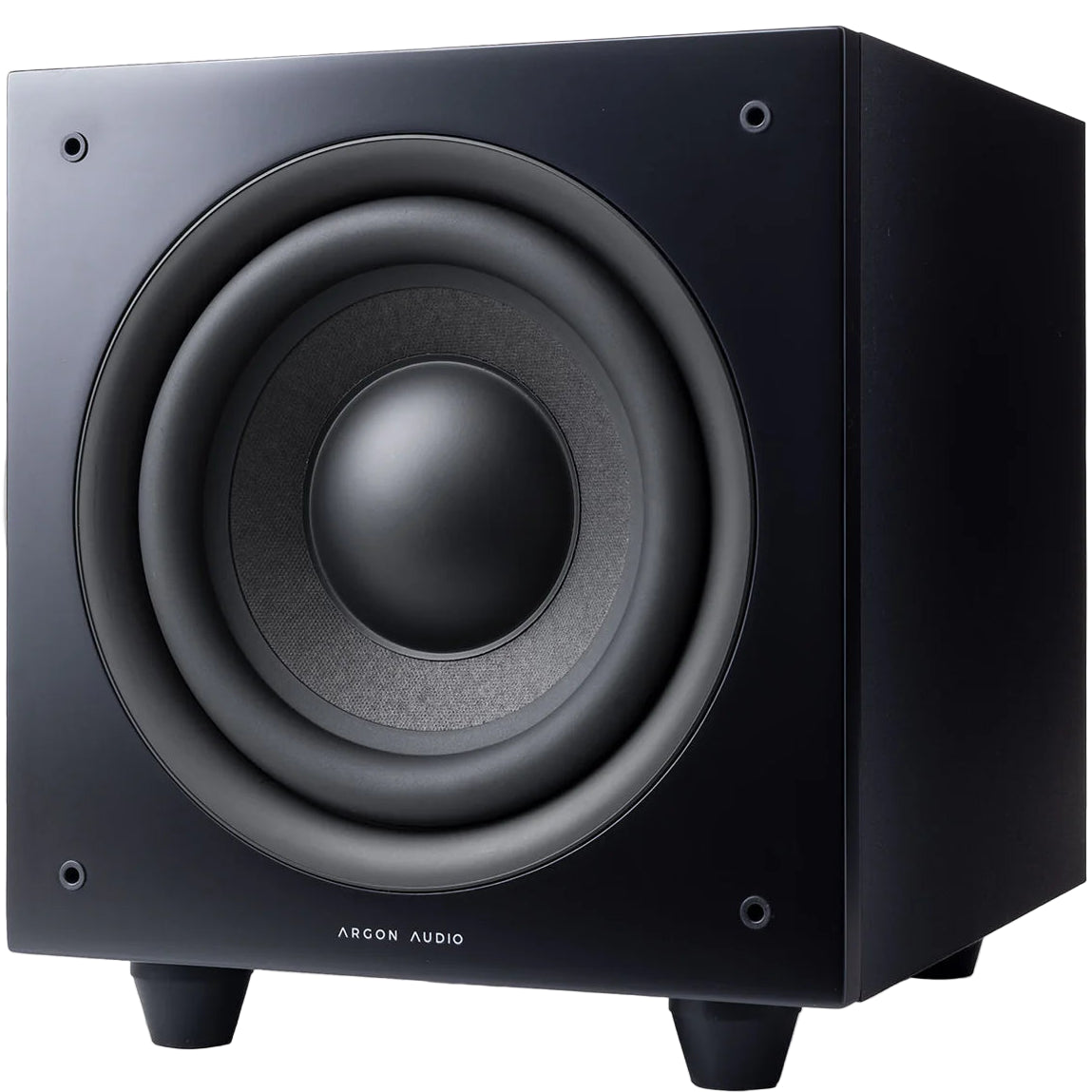 Black Argon Audio Malmö Sub 8 subwoofer with sleek design and front-facing port, ideal for enhancing home audio systems.