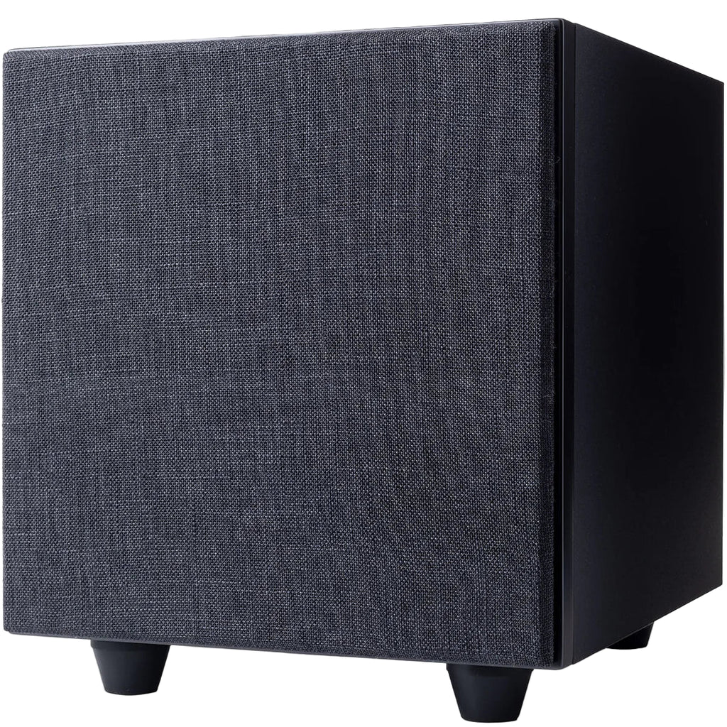 Black Argon Audio Malmö Sub 8 subwoofer with sleek design and front-facing speaker, perfect for enhancing home audio systems.