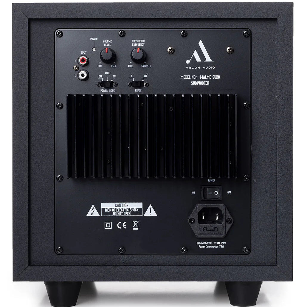 Black Argon Audio Malmö Sub 8 subwoofer with sleek design and front-facing port, showcasing its compact build and modern appearance.