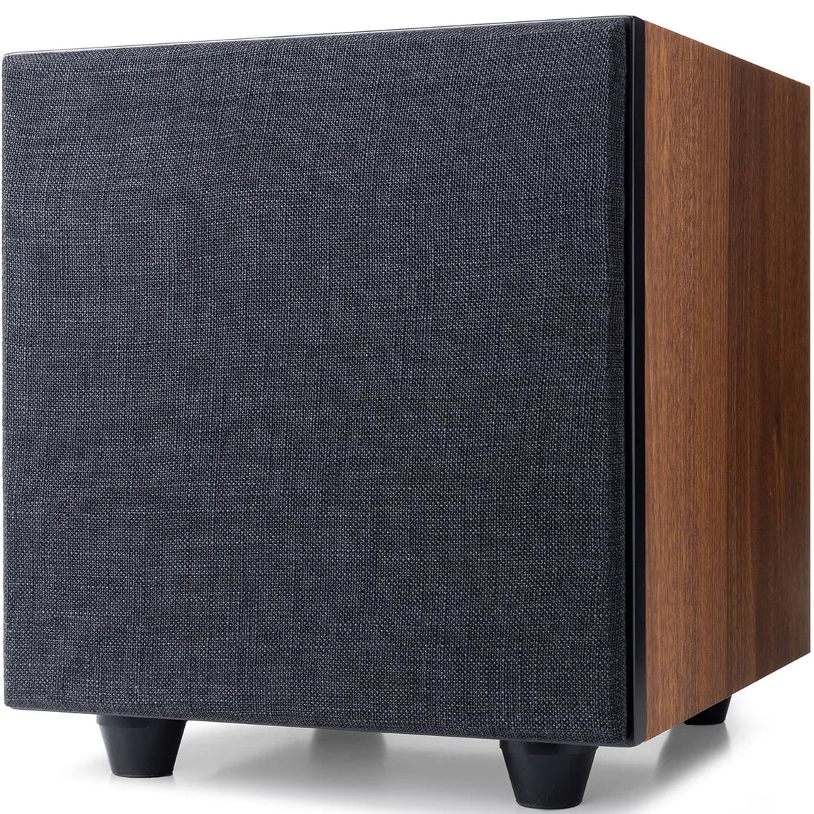 Argon Audio Malmö Sub 8 subwoofer with sleek black enclosure and control panel, designed for deep bass sound in home audio systems.