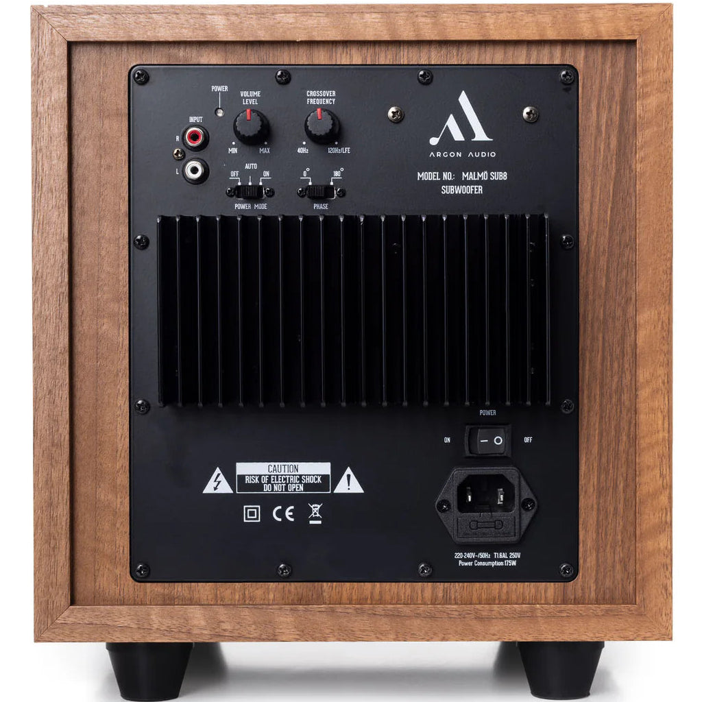 Argon Audio Malmö Sub 8 subwoofer with black enclosure and sleek design, featuring control knob and ported bass reflex system.