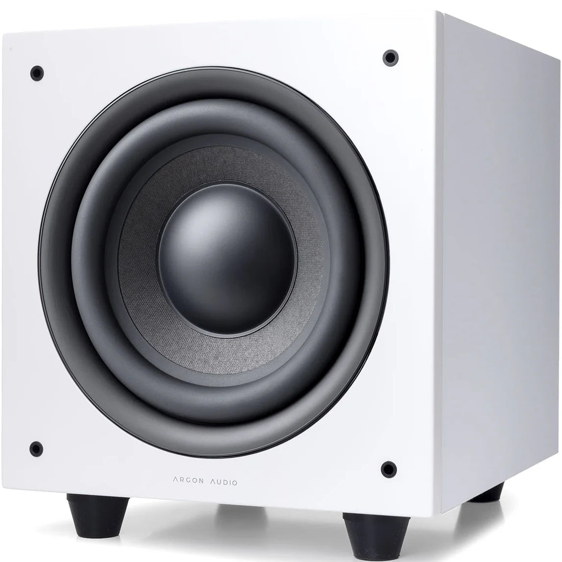 Argon Audio Malmö Sub 8 subwoofer with sleek white finish and compact design, featuring a front-firing speaker grille.