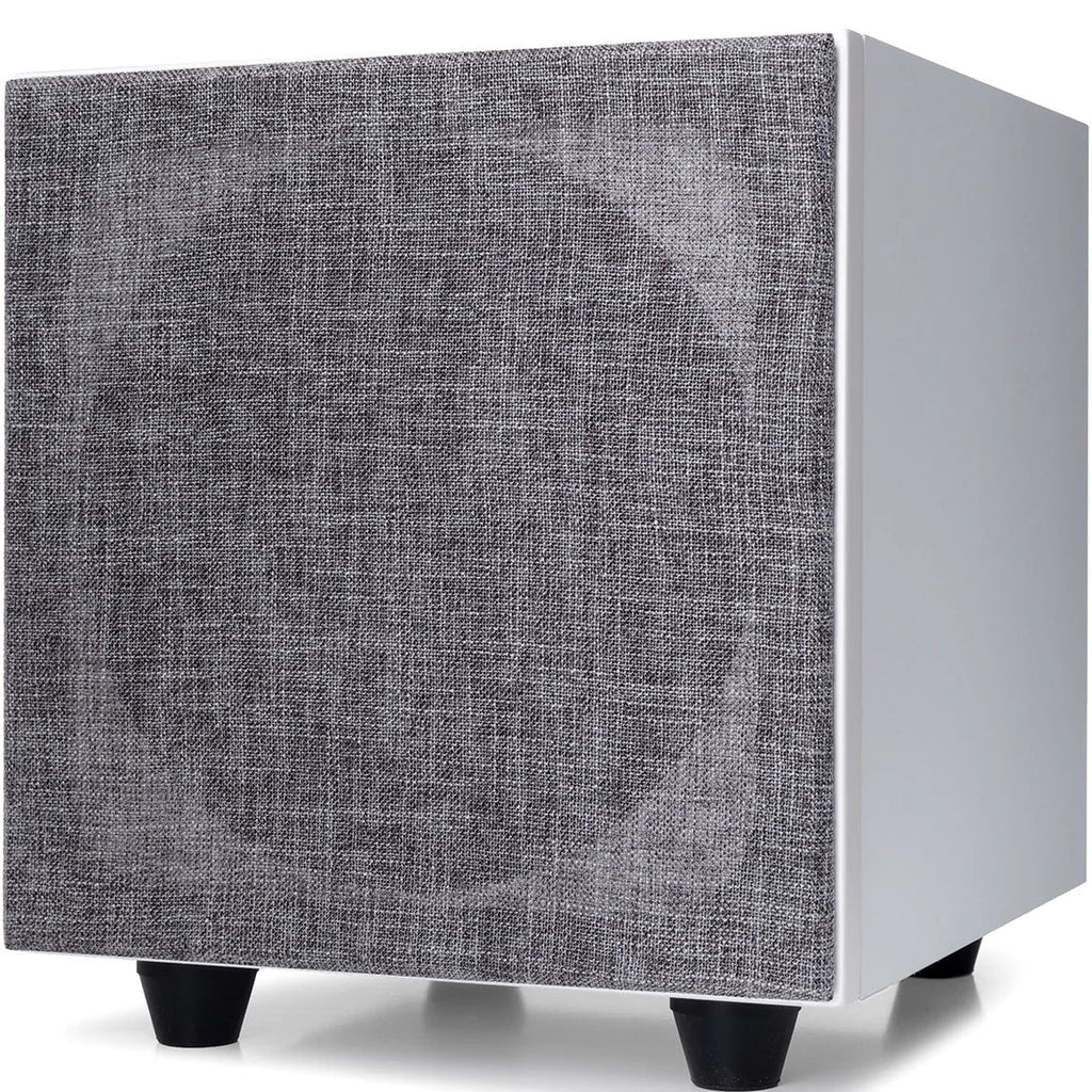 Argon Audio Malmö Sub 8 subwoofer in white with sleek design and front-facing speaker grille, ideal for home audio systems.