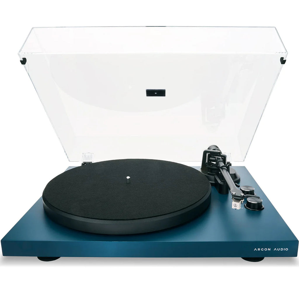 Argon Audio TT MK2 turntable with sleek black finish, featuring a tonearm and platter for high-quality vinyl playback.