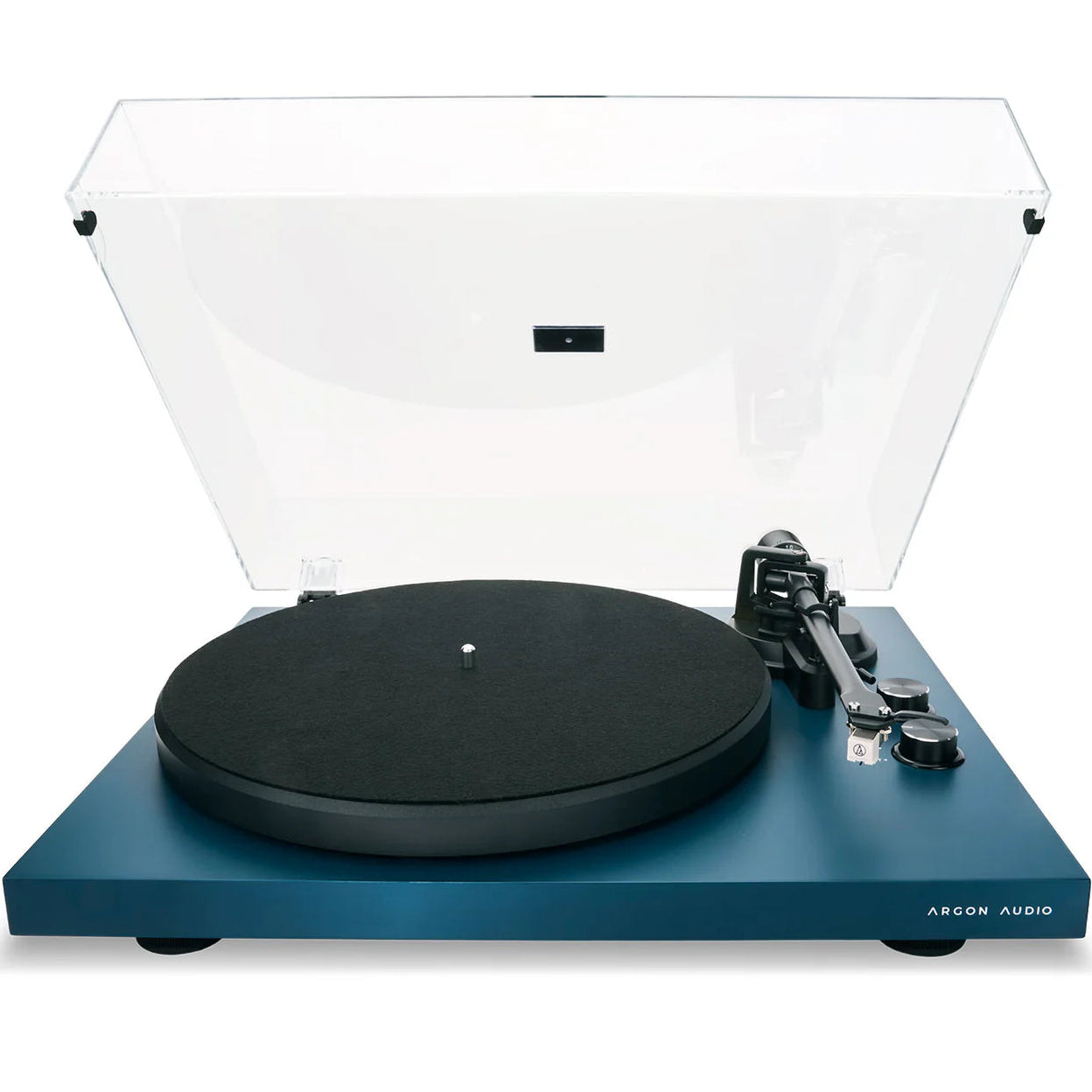 Argon Audio TT MK2 turntable with sleek black finish, featuring a tonearm and platter for high-quality vinyl playback.