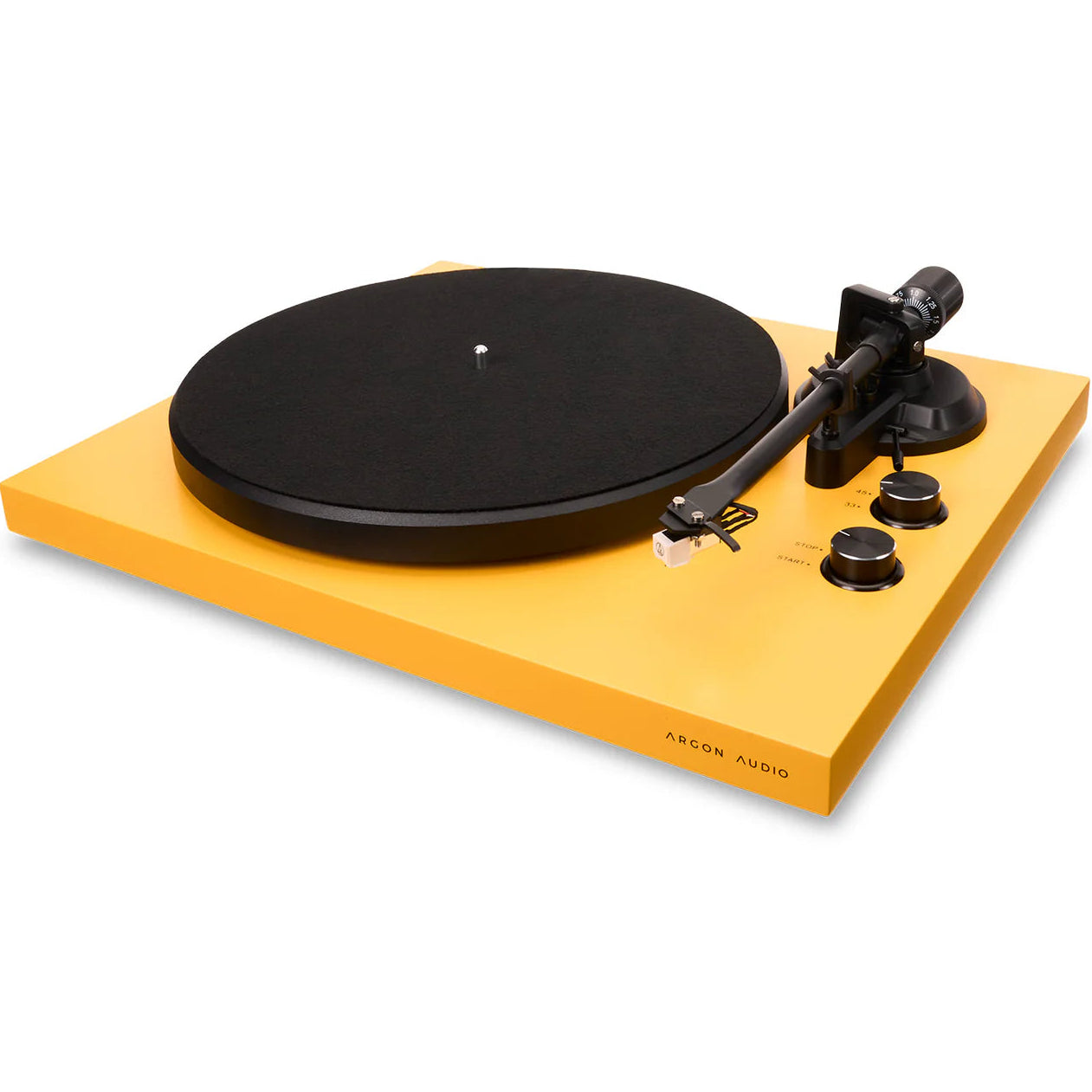 Argon Audio TT MK2 turntable with sleek black finish and wooden base, showcasing its modern design and tonearm in a close-up shot.