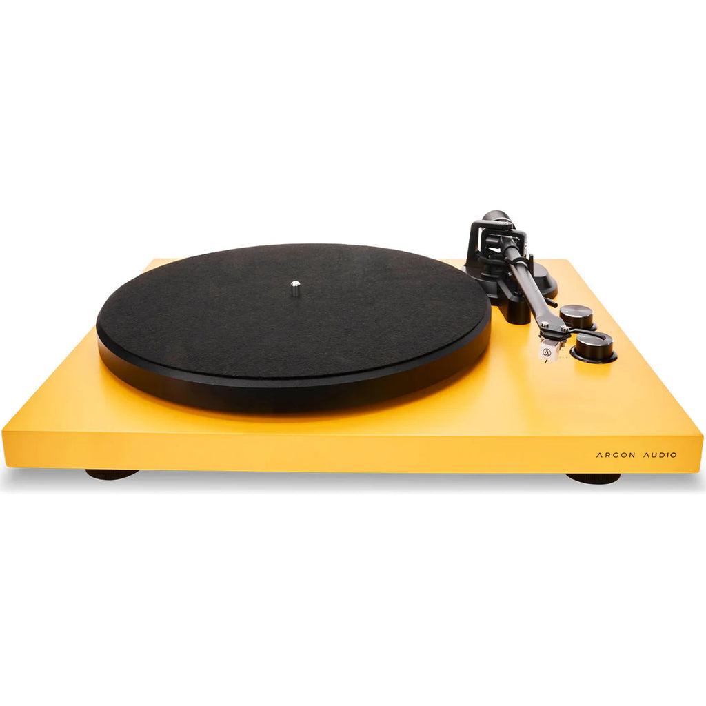 Argon Audio TT MK2 turntable with sleek design and wooden finish, showcasing the audio equipment's modern and stylish appearance.
