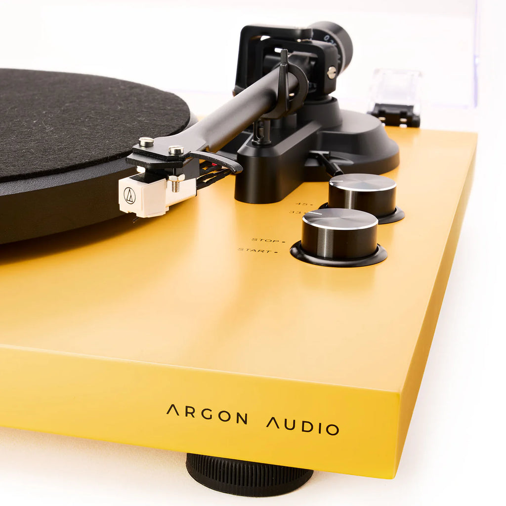 Argon Audio TT MK2 turntable with black finish and wooden plinth, featuring tonearm and platter for vinyl record playback.