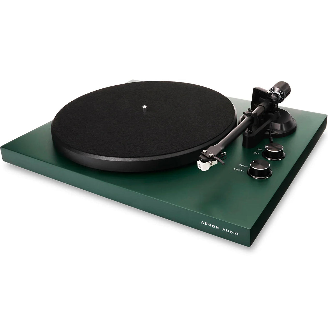 Argon Audio TT MK2 turntable with sleek black finish, featuring tonearm and platter for high-quality vinyl playback.