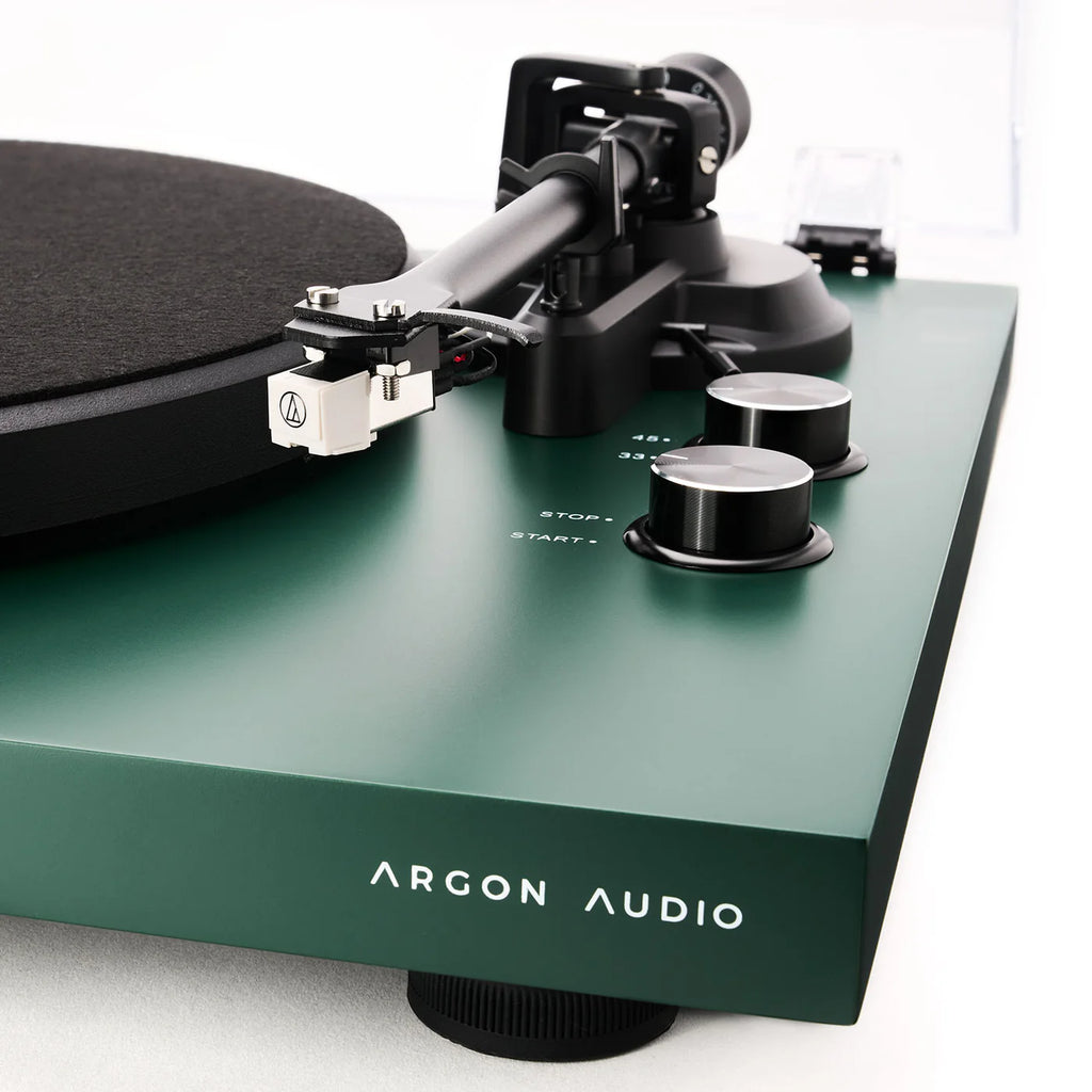 Argon Audio TT MK2 turntable with sleek design and tonearm, featuring a black finish and control knobs for high-quality vinyl playback.