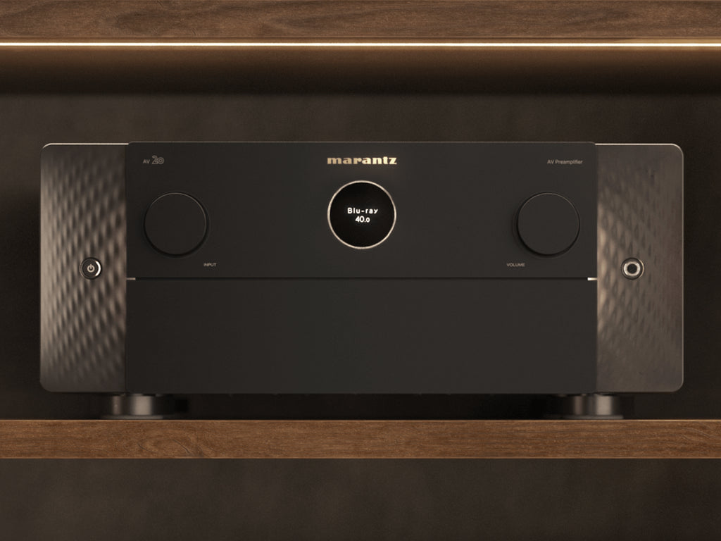 Marantz AV 20 stereo amplifier with sleek design and control knobs, showcasing high-quality audio equipment for home audio systems.