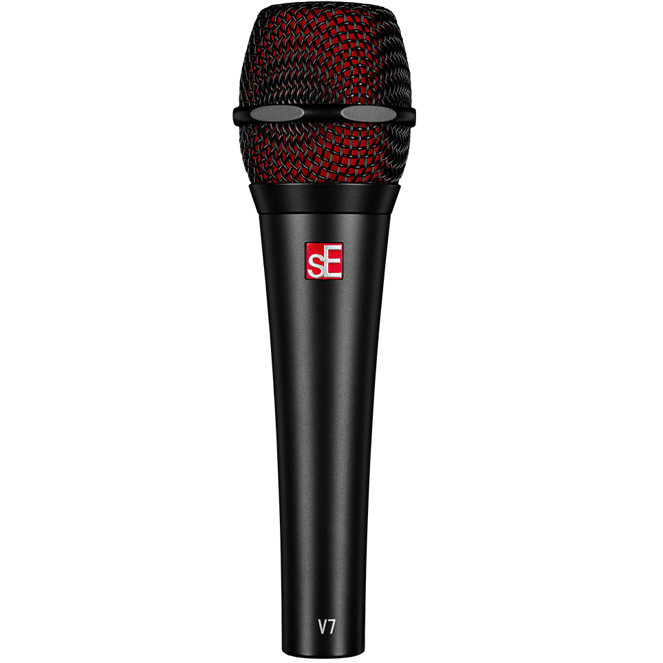 Black sE Electronics V7 dynamic microphone with a sleek design, shown from the front view on a product display.
