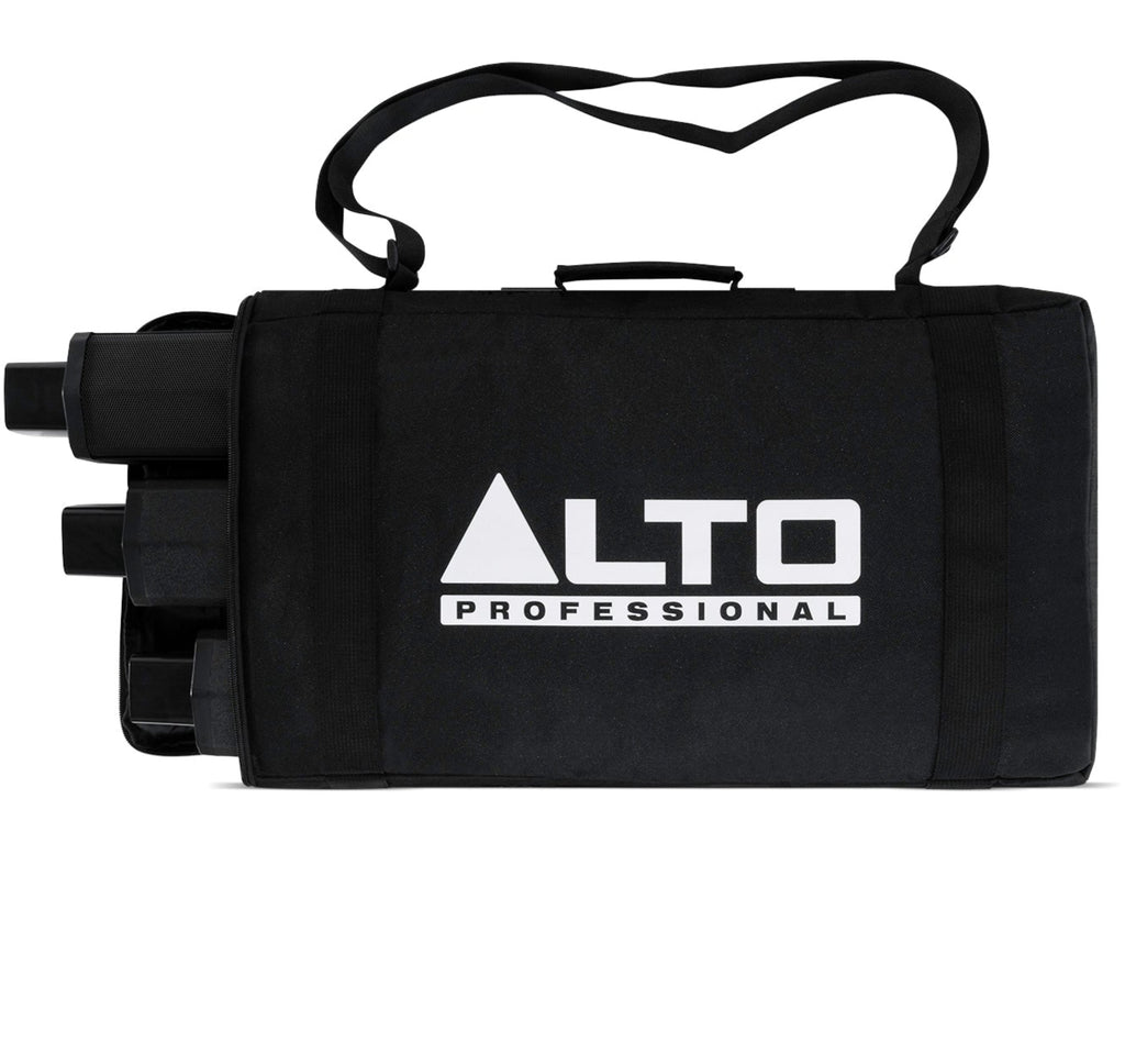 Alto Professional TS108C active column speaker with protective bag, showing front view with speaker grille and control panel.