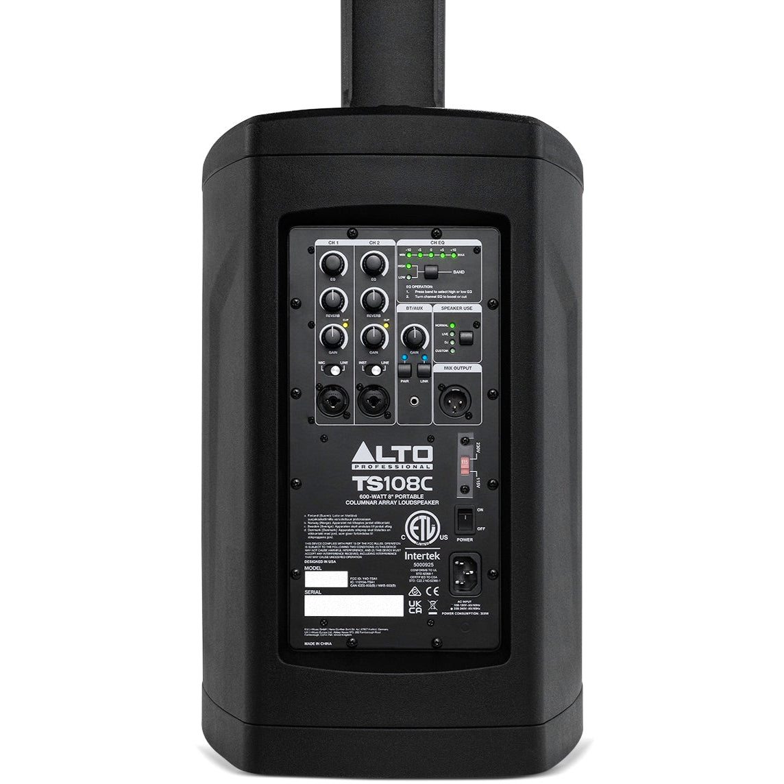 Alto Professional TS108C active column speaker with sleek black design and multiple speaker drivers for high-quality sound.