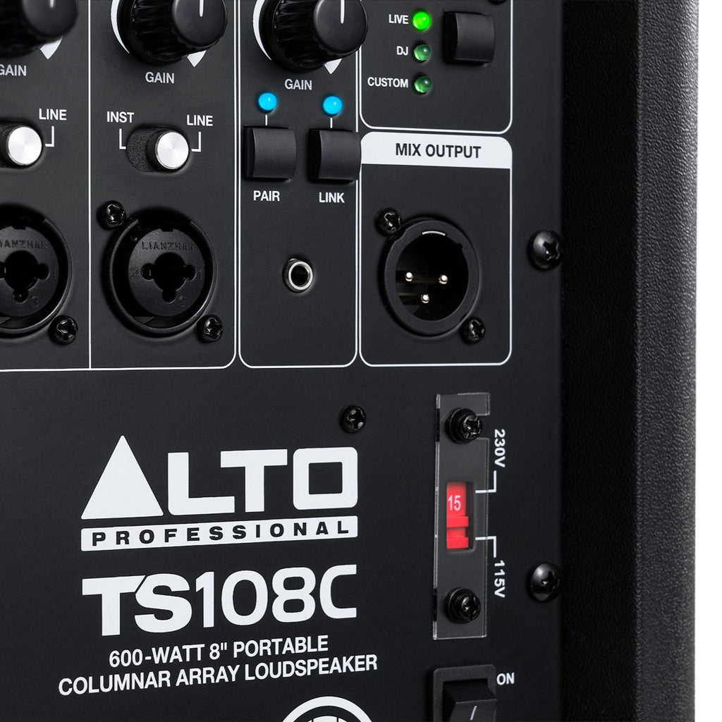 Alto Professional TS108C active column speaker with sleek black design and multiple speaker drivers visible.