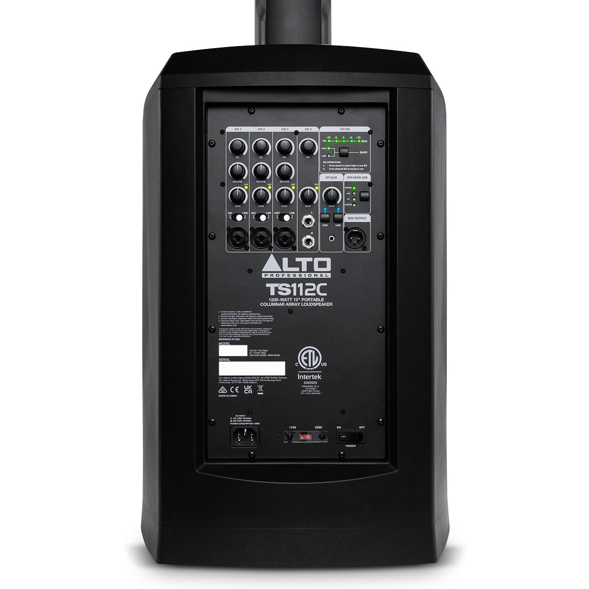 Alto Professional TS112C active column speaker with sleek black design and control panel, perfect for live sound and DJ setups.