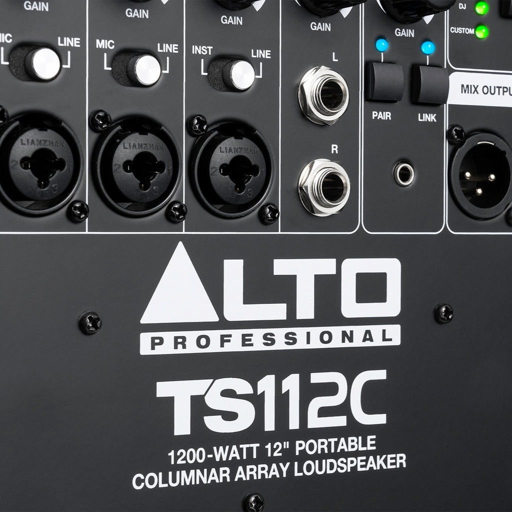 Alto Professional TS112C active column speaker with sleek black design and adjustable controls on the front panel.