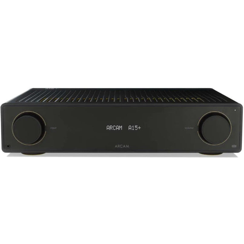Arcam A15+ stereo amplifier in a sleek black finish, featuring control knobs and input ports on the front panel.