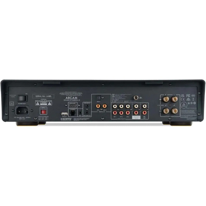 Arcam A15+ stereo amplifier in black, showing front panel with volume control, input selector, and brand logo.