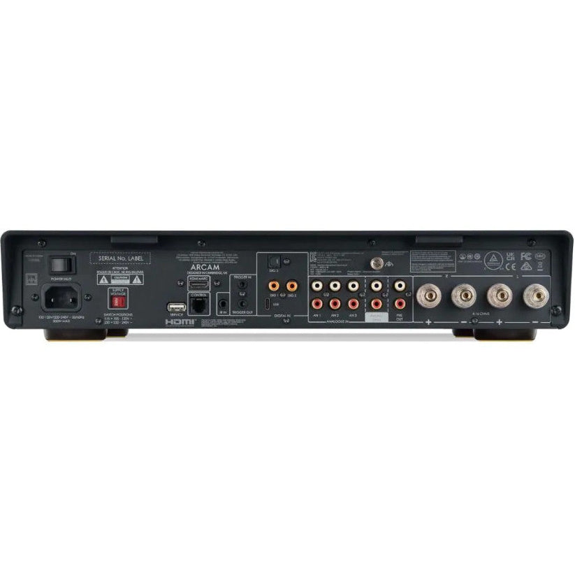 Arcam A25+ stereo amplifier with sleek design and control knobs, showcasing high-quality audio equipment for home audio systems.