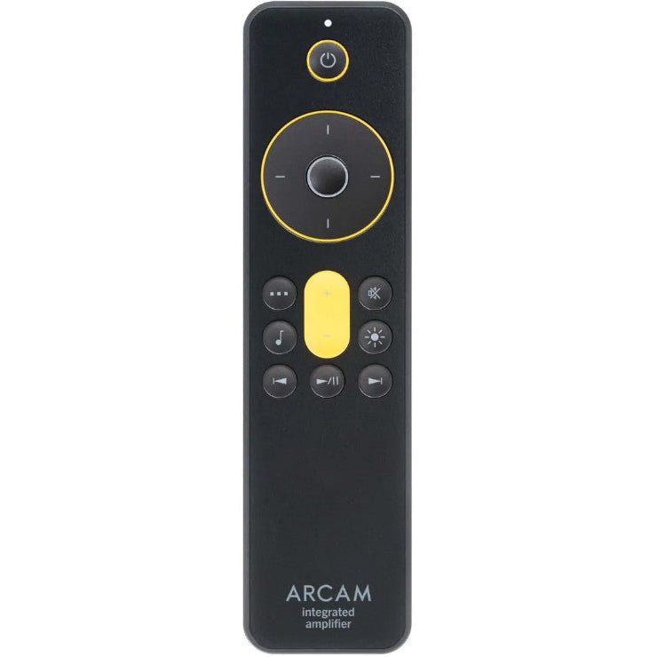 Arcam A25+ stereo amplifier with sleek black design, volume knob, and input ports on the front panel.