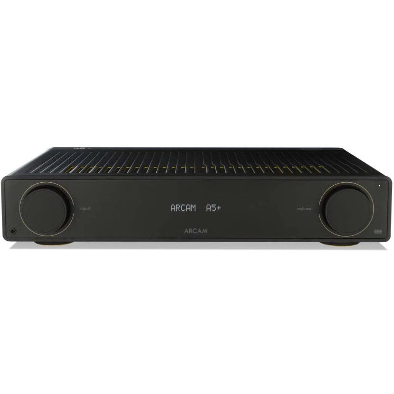 Arcam A5+ stereo amplifier showcasing a sleek black integrated amplifier with control knobs and input ports on the front panel.