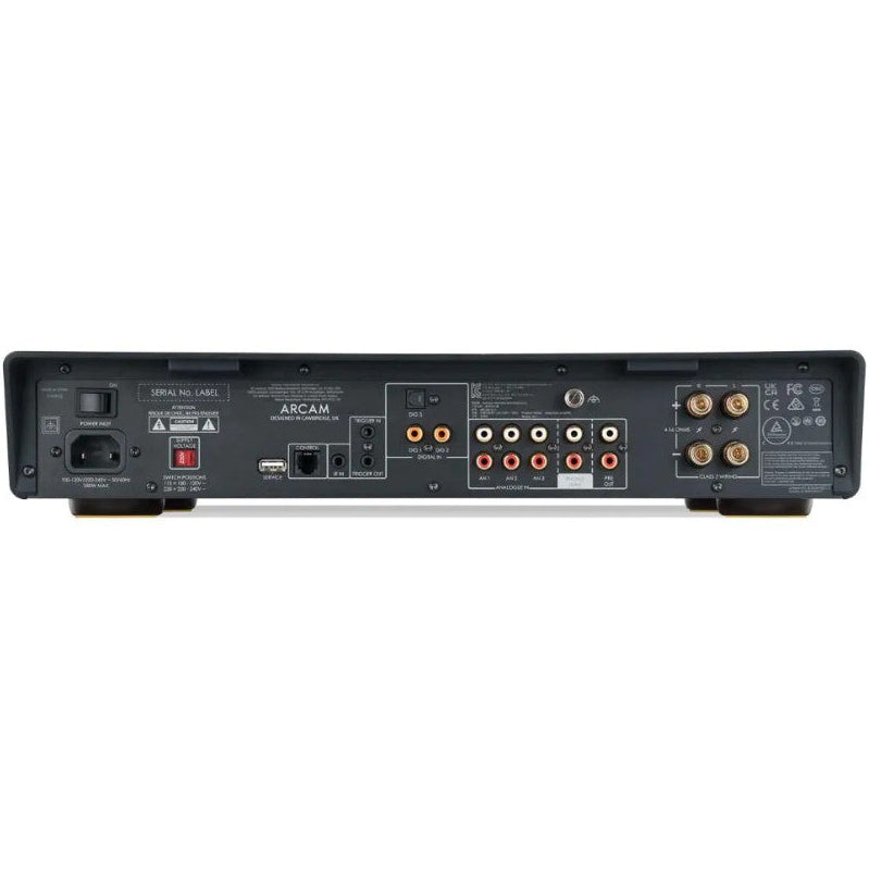 Arcam A5+ stereo amplifier showing front panel with control knobs and display screen, black metal casing, and input ports.