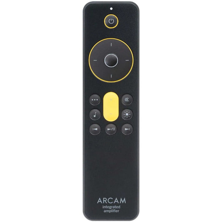 Arcam A5+ stereo amplifier with sleek black design, multiple control knobs, and input ports on the front panel.