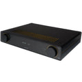 Arcam A5+ stereo amplifier with sleek black finish and control knobs, designed for high-quality audio listening.