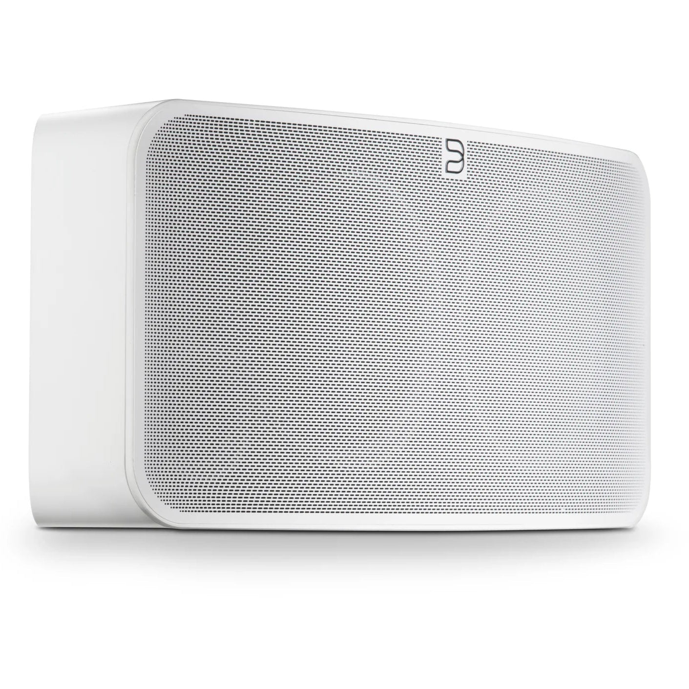Bluesound Pulse 2i wireless speaker in white, shown from a right angle, highlighting sleek design and compact form.