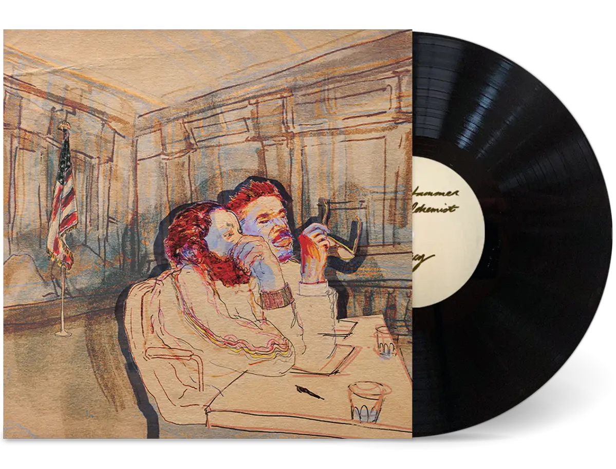 Black vinyl LP of Armand Hammer & The Alchemist's Mercy album, featuring hip-hop and rap artwork, released by Backwoodz Studioz.
