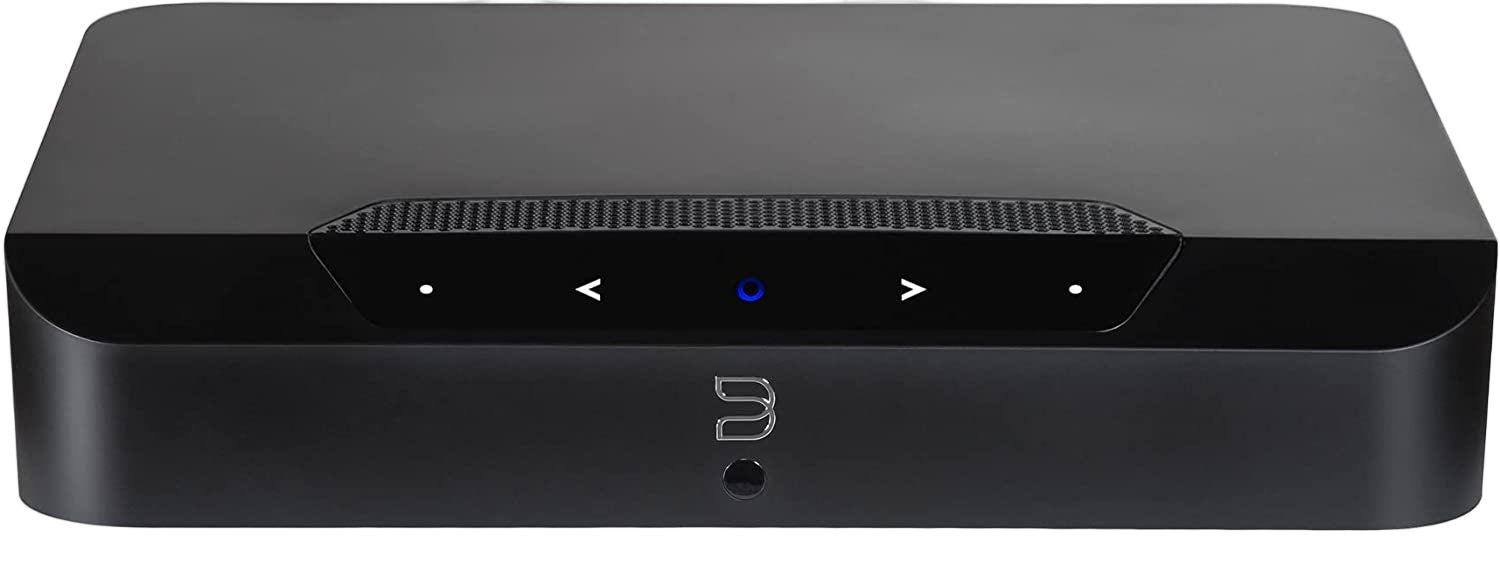 Bluesound Powernode Edge music streamer in black, showing front view with digital display and control buttons.