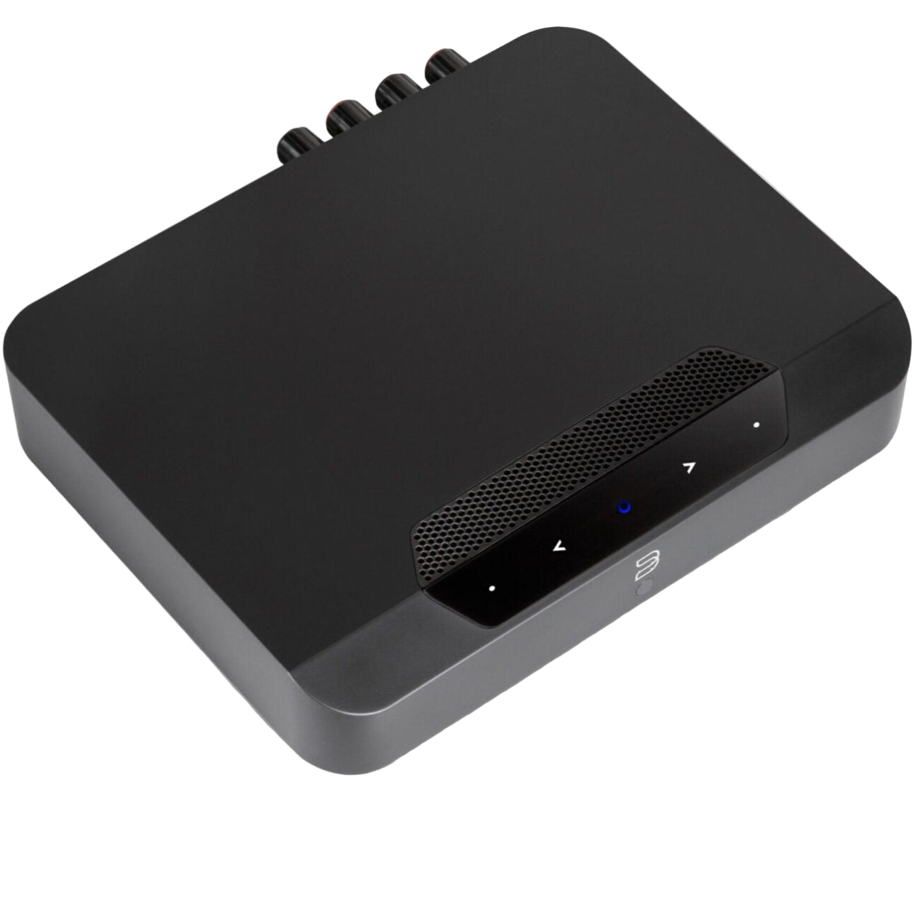 Bluesound Powernode Edge music streamer in sleek black finish, showing front panel with control buttons and display screen.