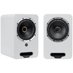 Pair of Fyne Audio Cubitt 5 active bookshelf speakers in Arctic White, showcasing sleek design and high-quality audio components.
