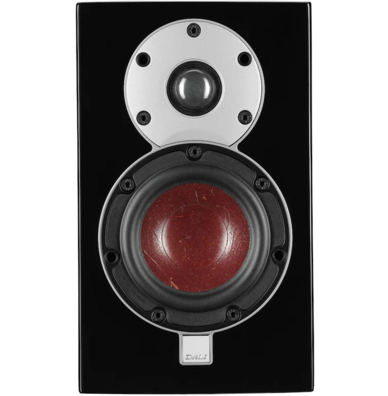 Black DALI Menuet passive bookshelf speakers with sleek front design and compact build.