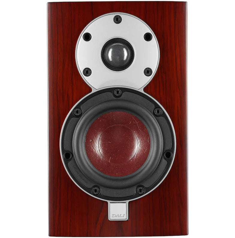 DALI Menuet passive bookshelf speakers in red, front view showing compact design and speaker grille.
