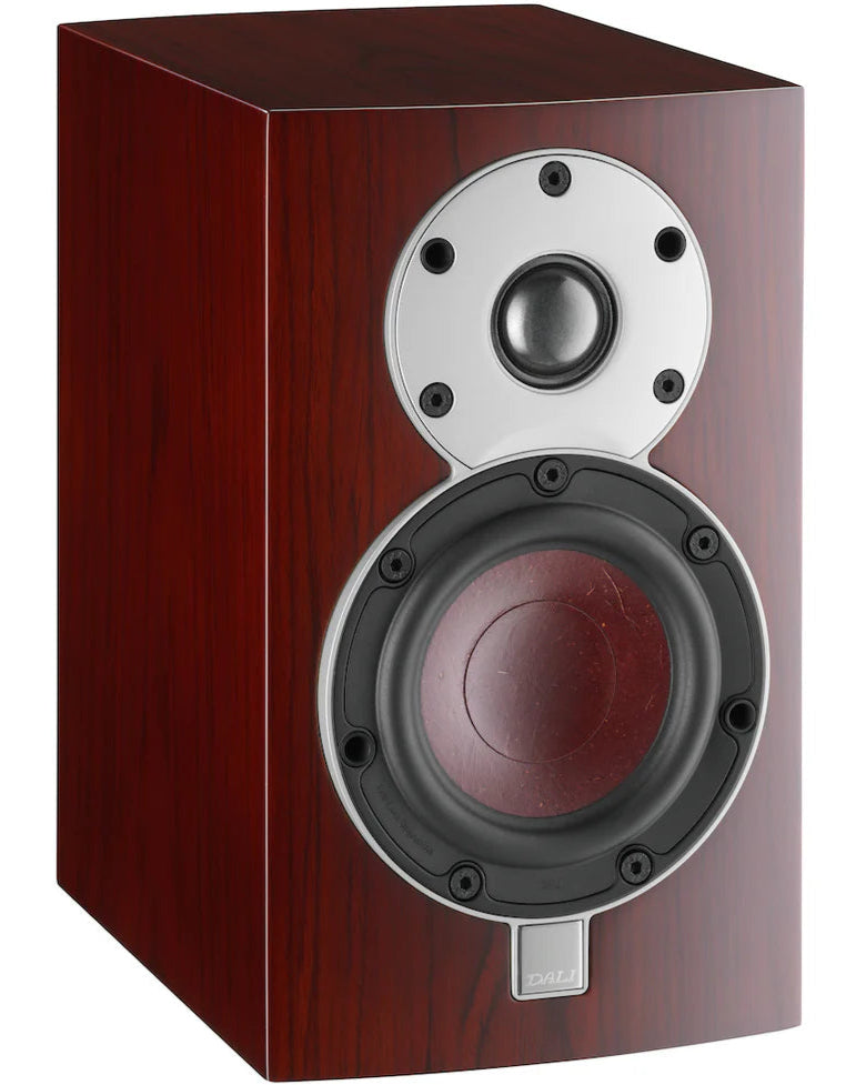 DALI Menuet passive bookshelf speakers in vibrant red with sleek black accents, showcasing the compact, stylish design.