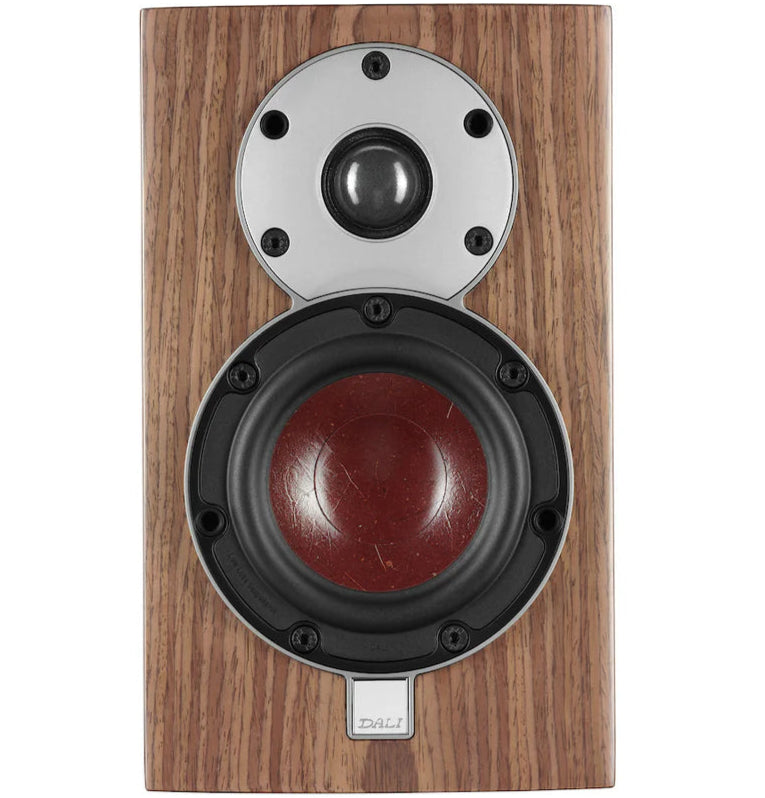DALI Menuet passive bookshelf speakers with walnut finish, front view showing drivers and sleek design.