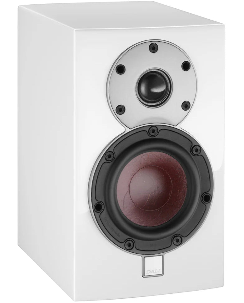 DALI Menuet passive bookshelf speakers in white with compact design and high-quality audio output.