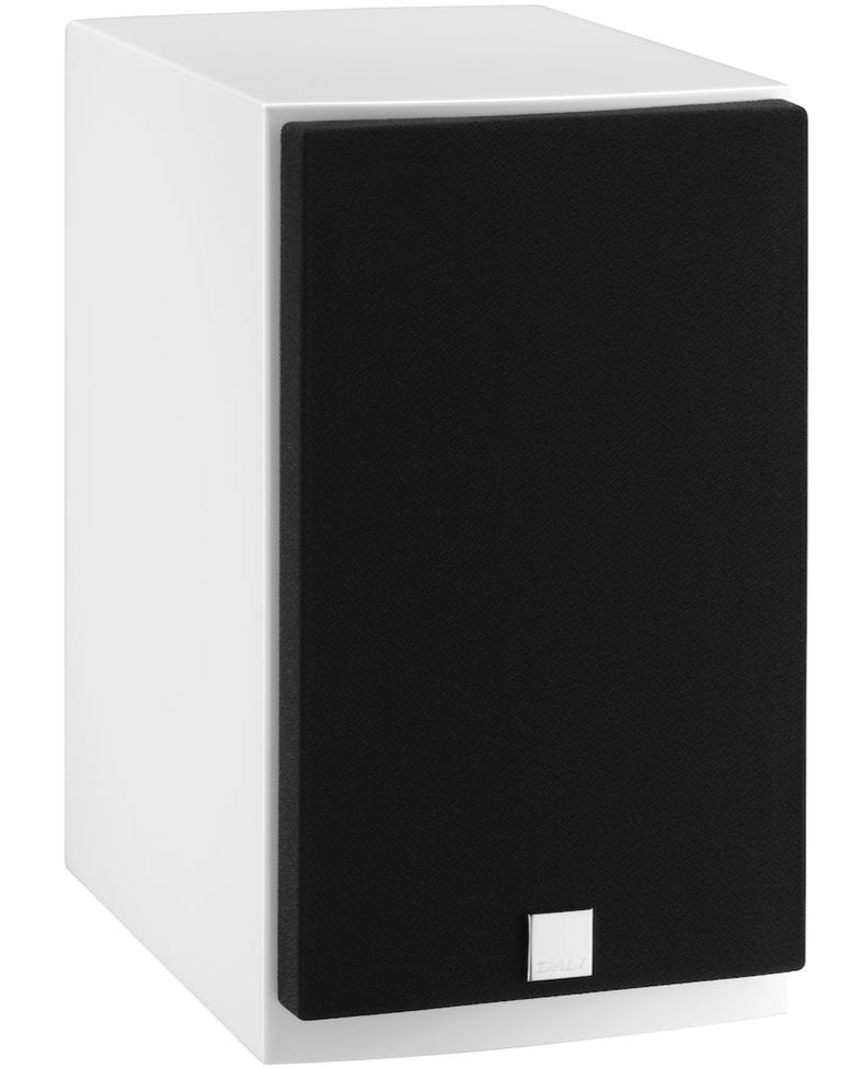 DALI Menuet passive bookshelf speakers with white grilles, compact design and modern audio equipment appearance.