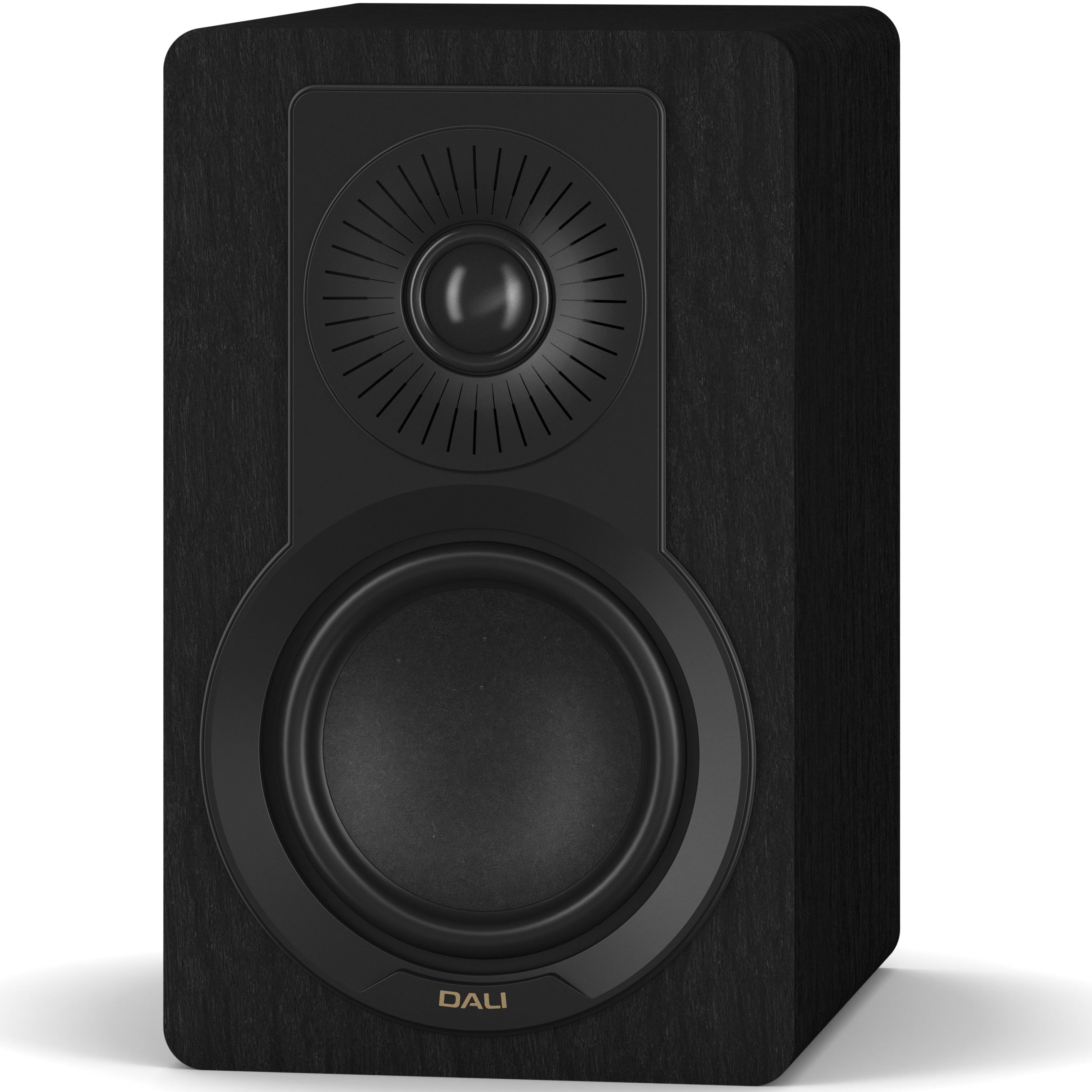 Black ash DALI Kupid passive bookshelf speakers with black grilles and sleek modern design.