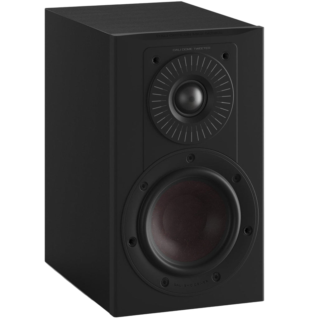 Black DALI Opticon 1 MK2 passive bookshelf speakers with sleek design and compact size, ideal for home audio systems.