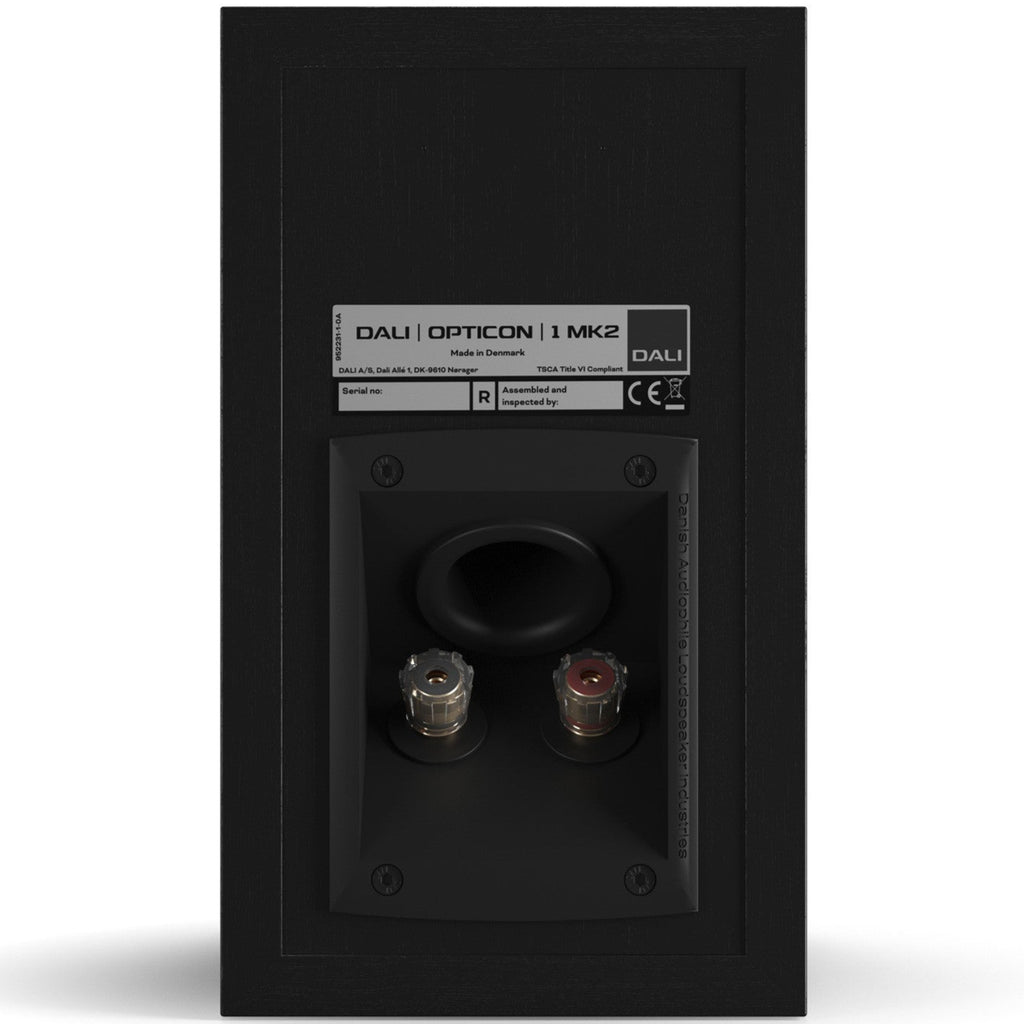 Black DALI Opticon 1 MK2 passive bookshelf speakers with a sleek design and front-facing driver for high-quality sound.